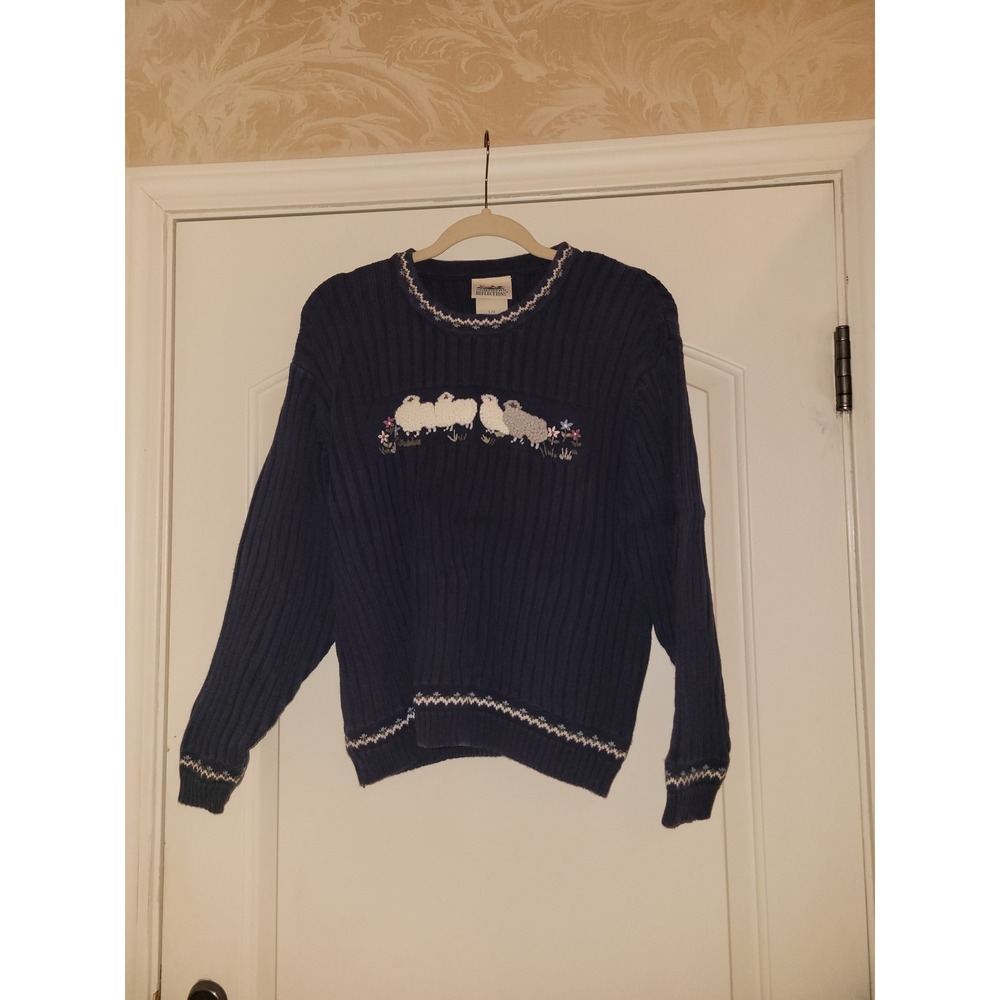 Northern Reflections Vintage Navy Blue Sheep Embroidered Ribbed Sweater Large